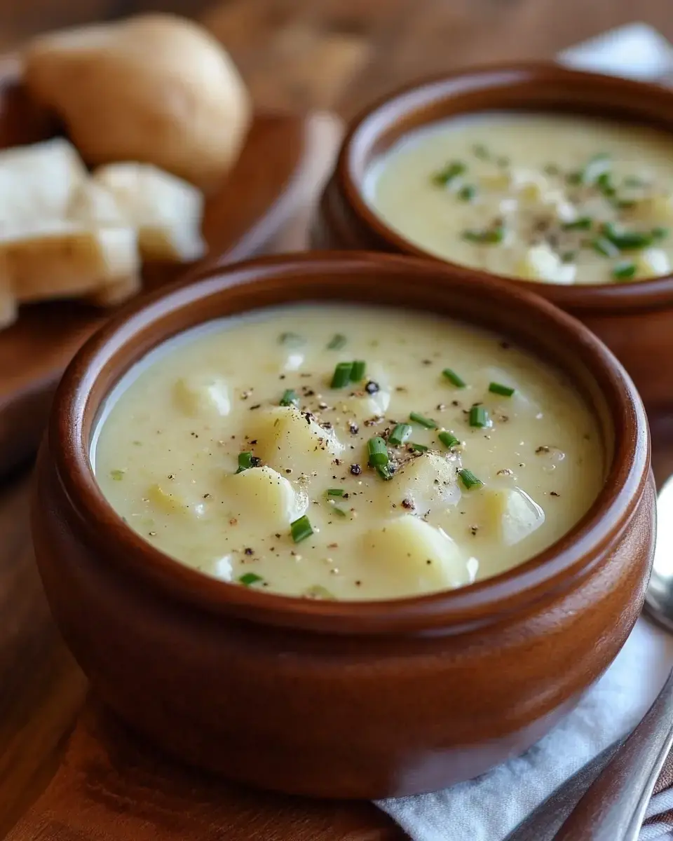 Two bowls of smooth potato soup with snipped chives and cracked pepper on top, served with bread chunks on a wooden table.