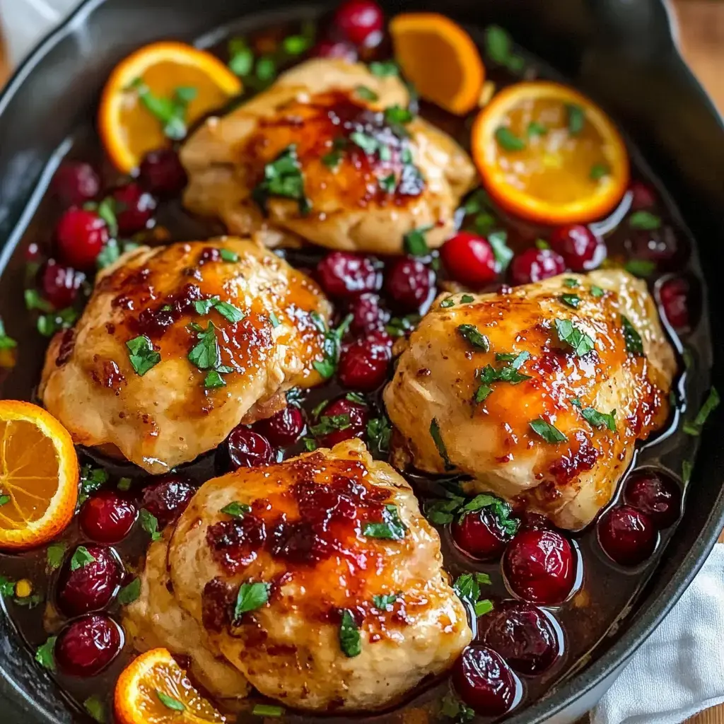 Glazed chicken thighs in a cast iron pan surrounded by fresh cranberries and orange slices with a parsley garnish on top.