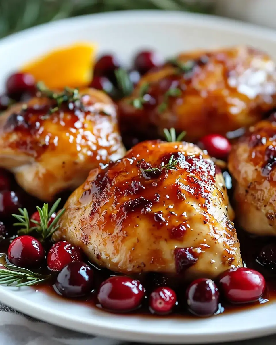 White plate featuring juicy glazed chicken thighs with cranberries and herb garnish shown in close-up.