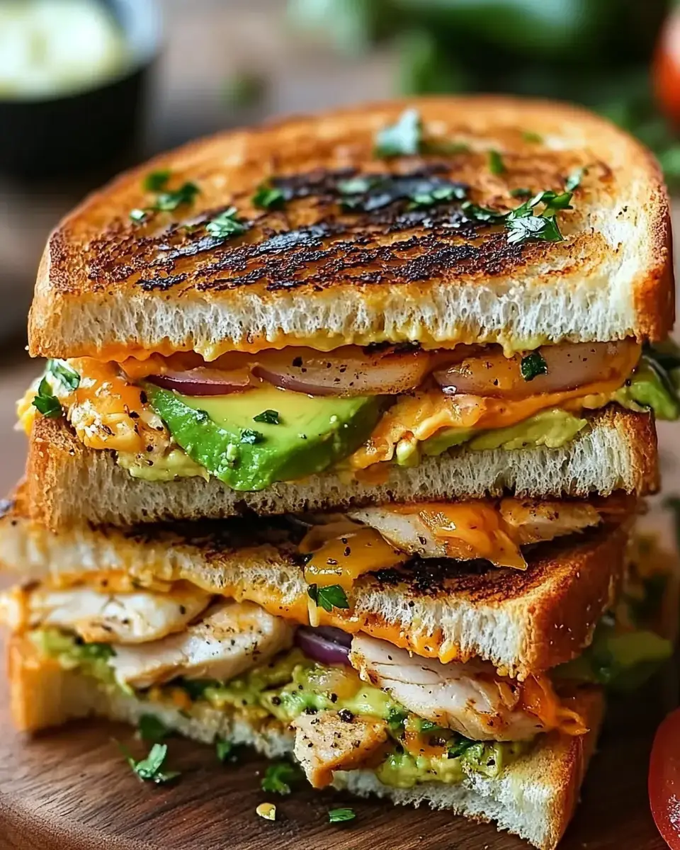 A grilled sandwich loaded with golden bread, tender chicken, melty cheese, avocado, and fresh herbs, presented on a wooden serving board.