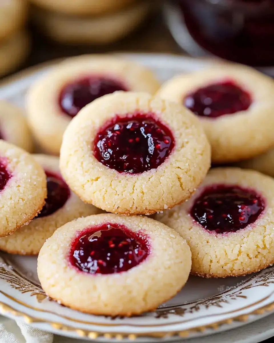 A close-up of buttery cookies with a glossy raspberry jam filling, arranged on a decorative plate.