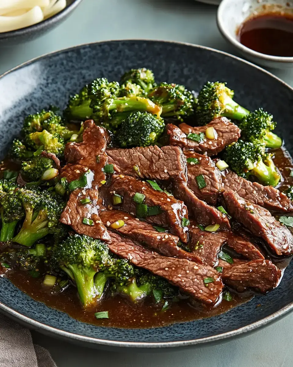 Juicy slices of beef mixed with bright green broccoli in rich brown sauce, topped with green onion pieces.