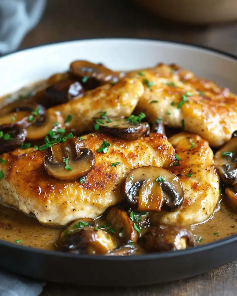 A dish showing golden chicken pieces covered with browned mushrooms and sprinkled with chopped parsley in a rich sauce.