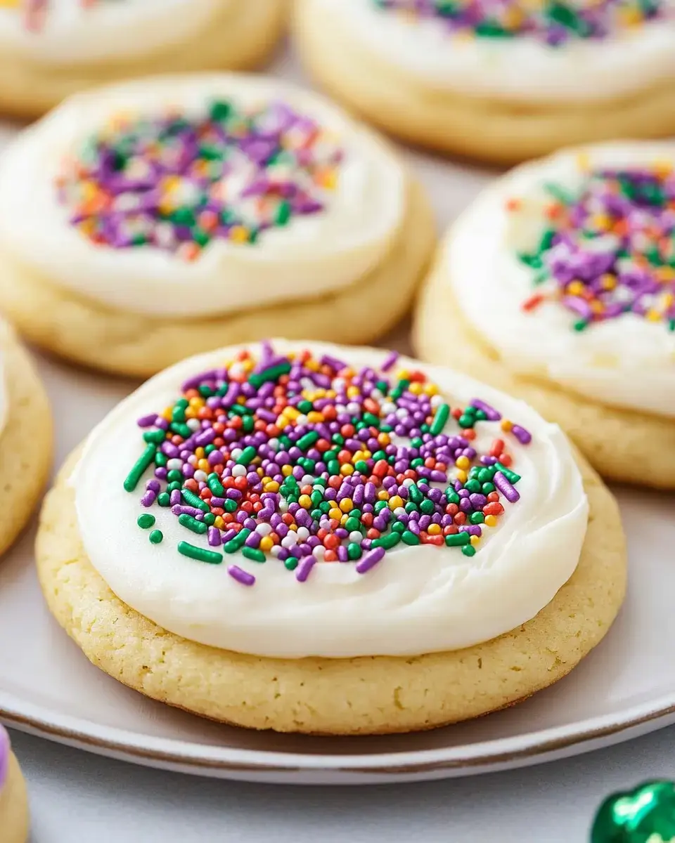 A white plate displays a collection of colorful frosted cookies covered with festive sprinkles.