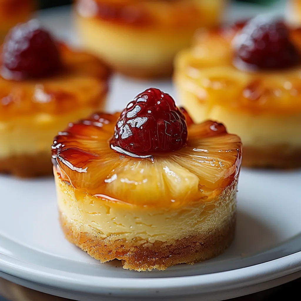 Caramelized pineapple topping on mini cheesecakes.