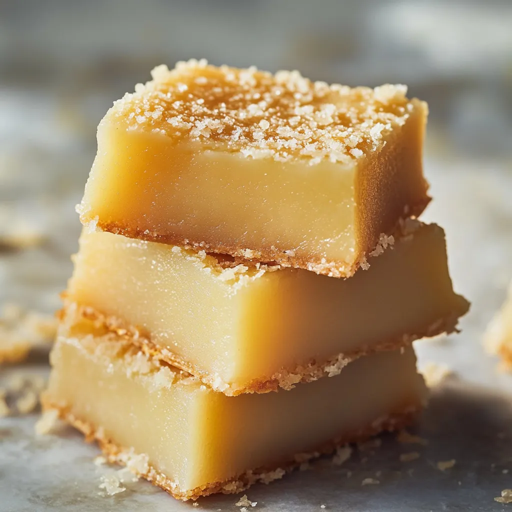 Golden-brown dessert squares stacked on a white plate.