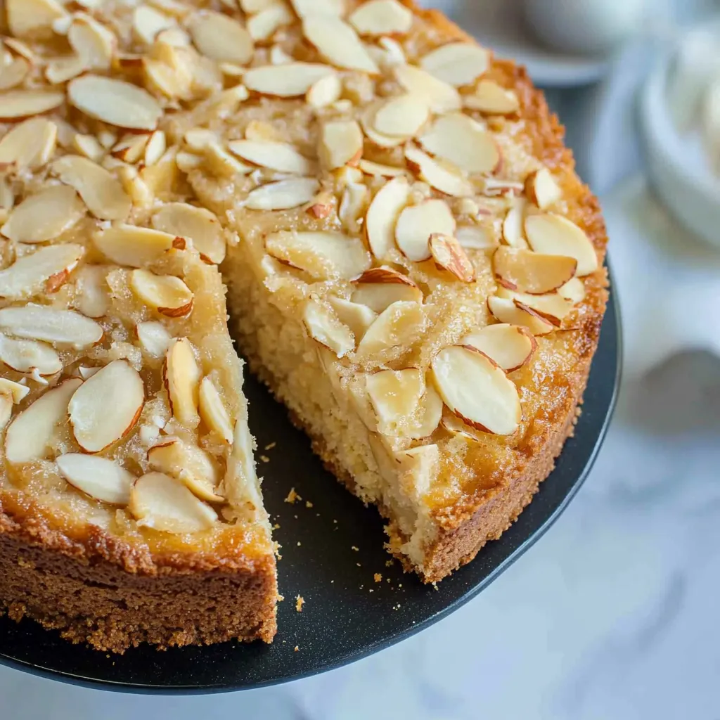 A yummy slice of almond cake served on a plate.