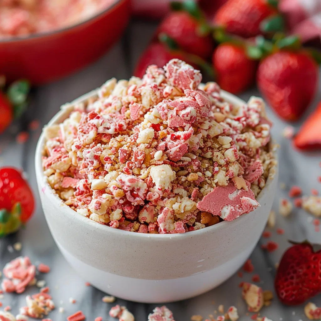 Crushed cookies and strawberries in a bowl.