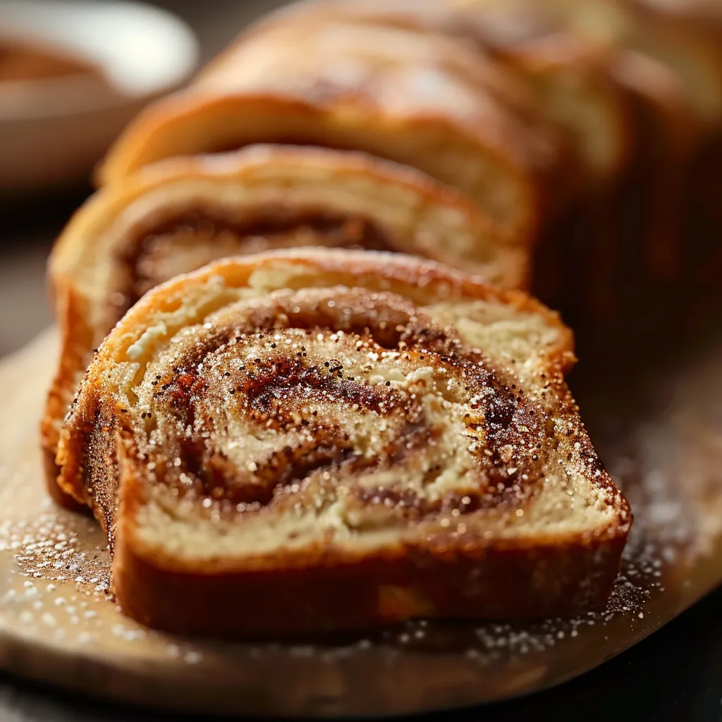 A yummy baked treat with swirly patterns sits on a wooden serving plate.
