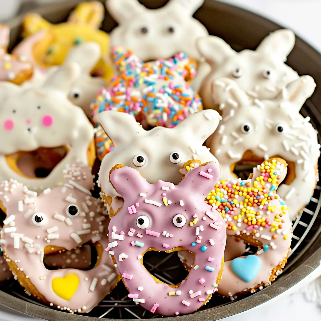 A bright plate of decorated Easter pretzels with colorful candy details.