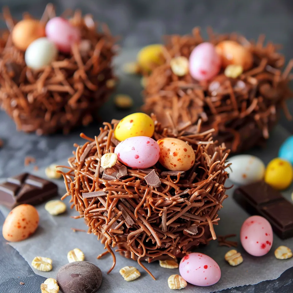 Sweet chocolate and cereal nests decorated with candy and pastel eggs.