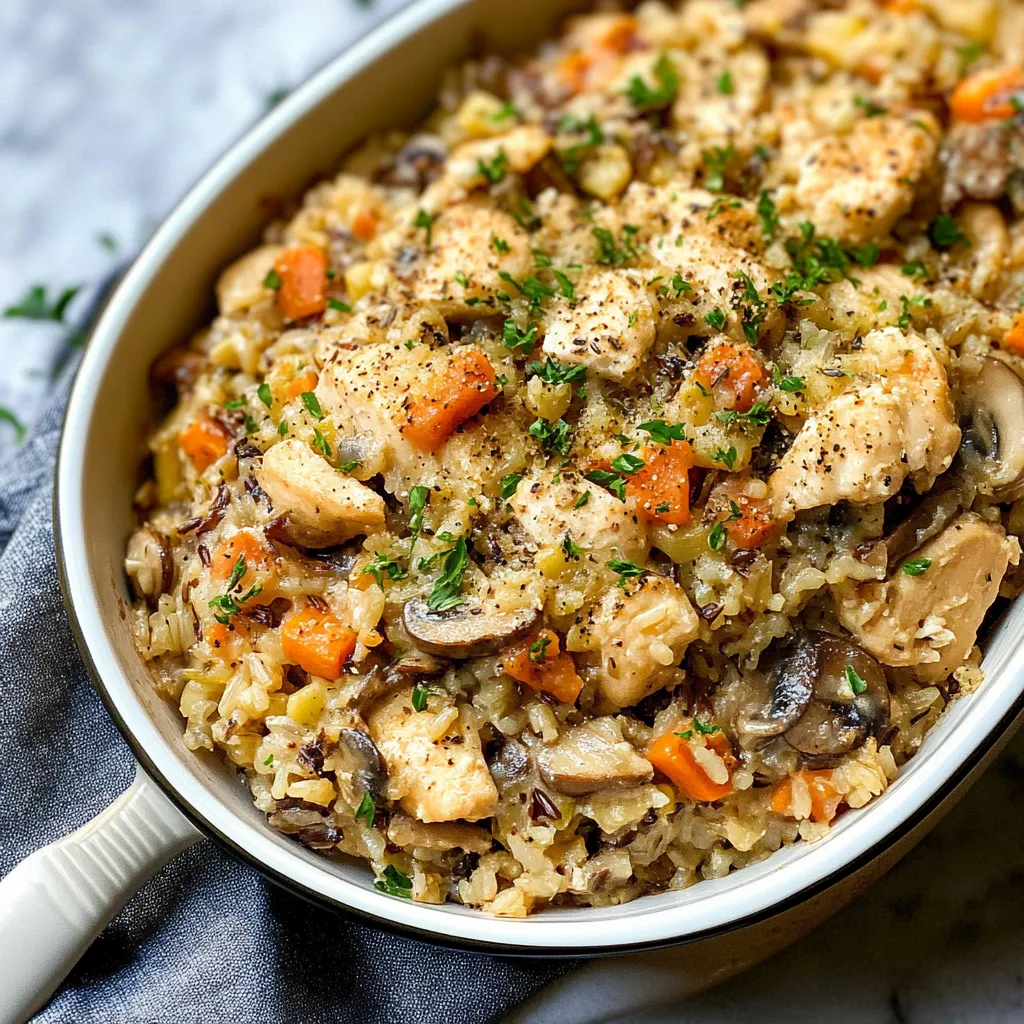 A cozy dish of chicken, rice, and mushrooms.