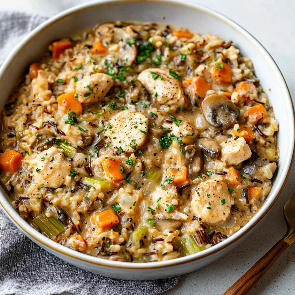 A bowl of rice with chicken and mushrooms.