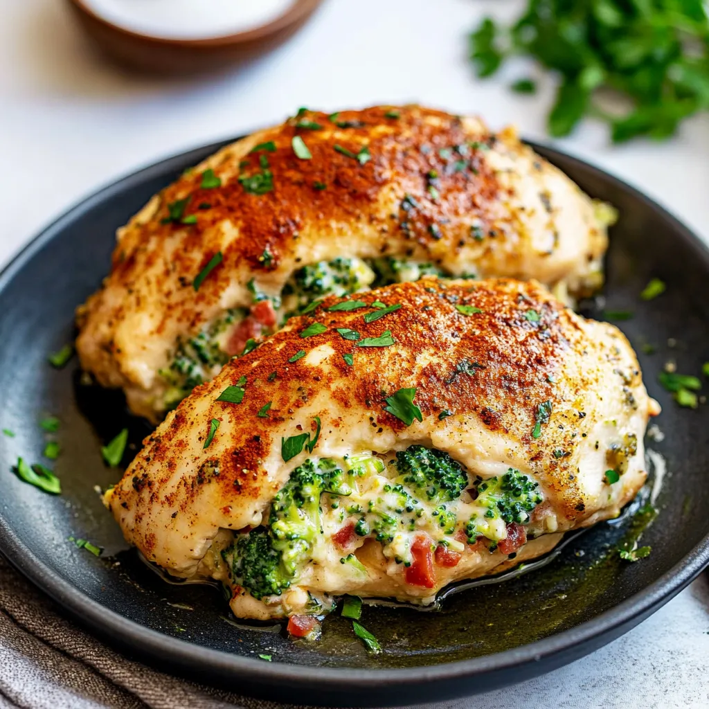 A plate with chicken stuffed with broccoli.
