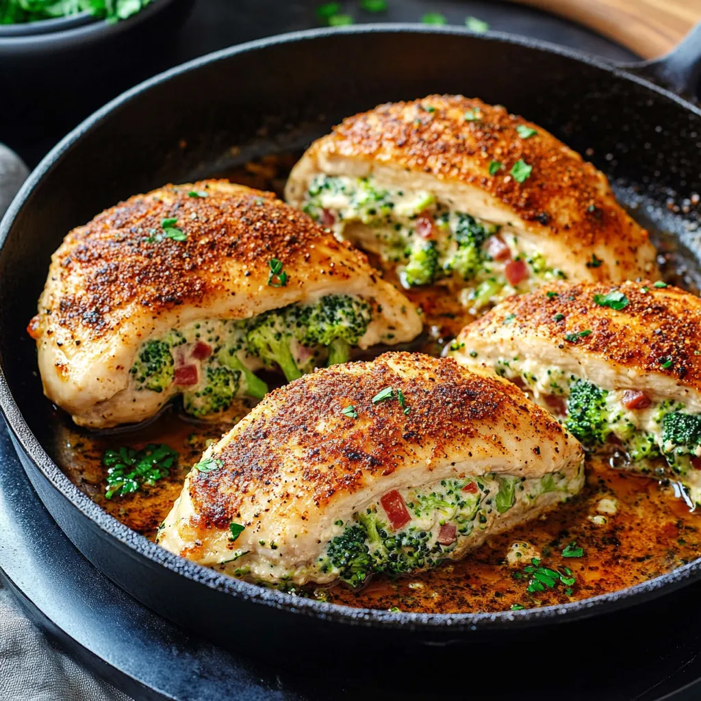 A pan of chicken with broccoli and cheese in a brown sauce.