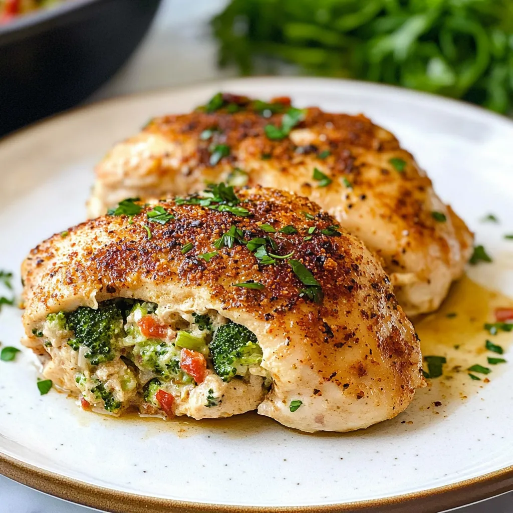 A plate of chicken with broccoli and tomatoes on it.