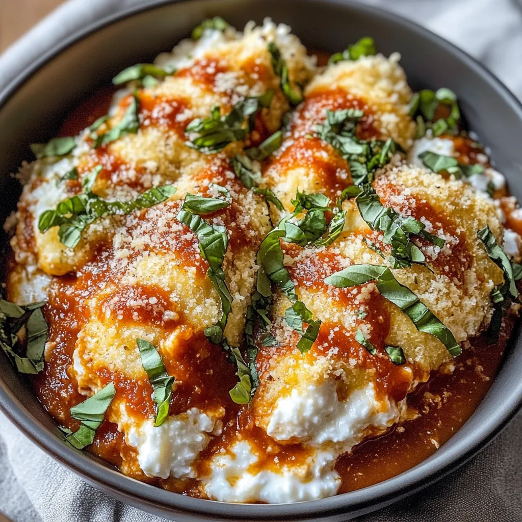 A dish featuring layers of chicken, cheese, and marinara.