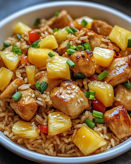 Delicious pineapple chicken and rice served in a bowl.