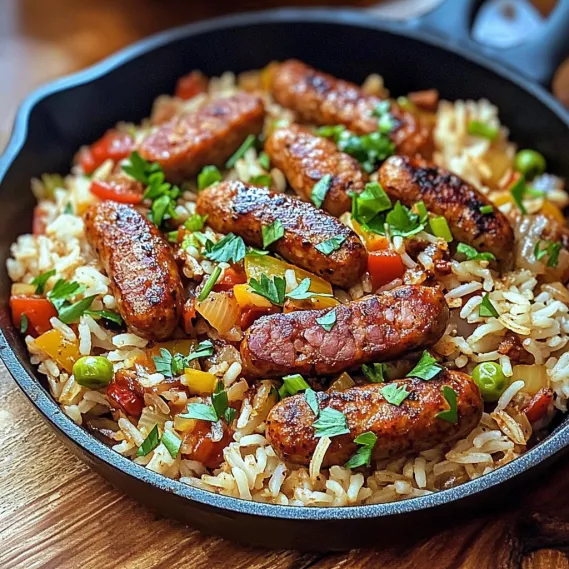 A skillet packed with rice, sausage, and colorful vegetables.