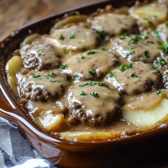 A dish with layered beef and potatoes.