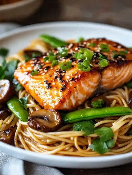 A plate of food with a piece of fish on top.
