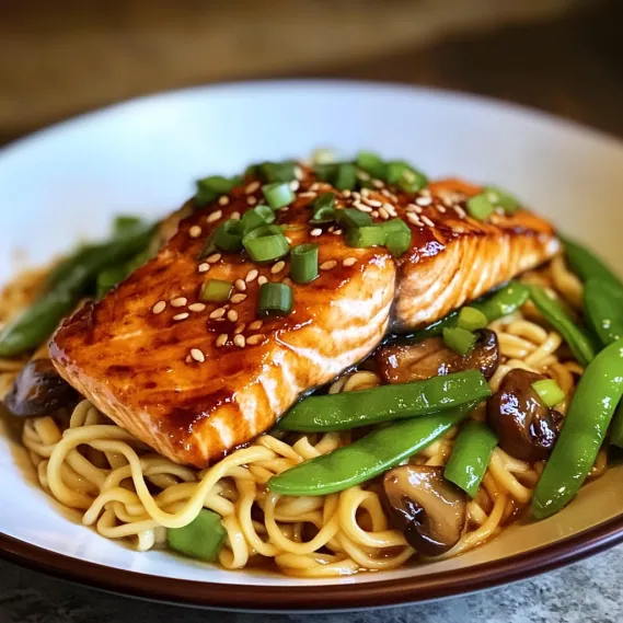 A plate of food with a salmon fillet and green beans.
