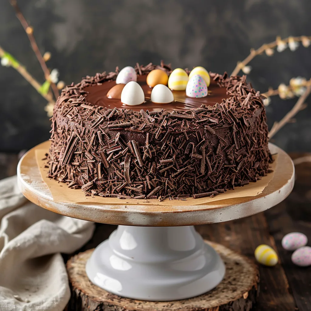 A chocolate cake with chocolate frosting and chocolate sprinkles.