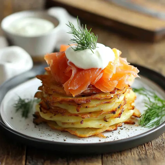 A pile of golden potato cakes topped with salmon and sour cream.