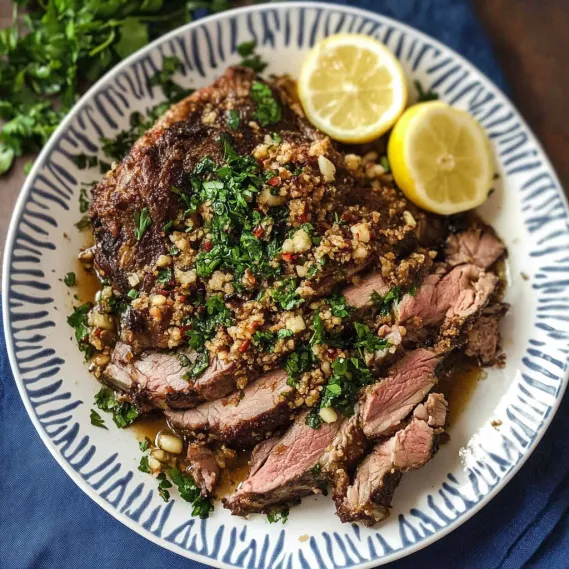 Tender lamb on a plate with lemon garnishes.