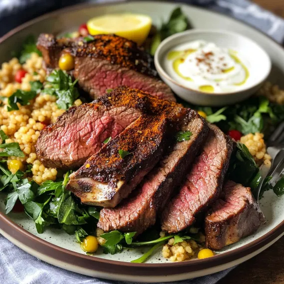 A plate topped with lamb and veggies.