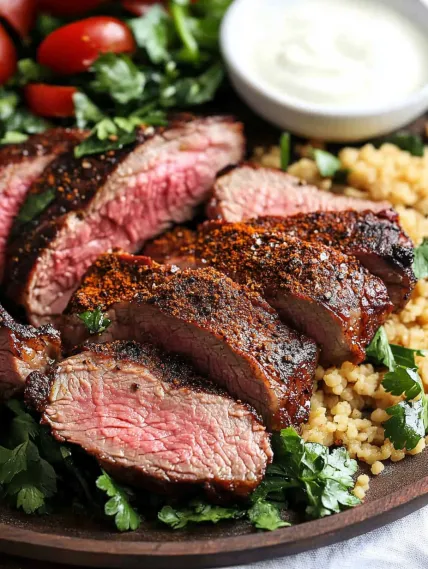 A plate of meat with a side of rice.