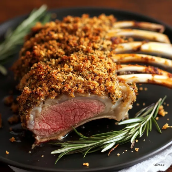 A dish of lamb with herbs on top.