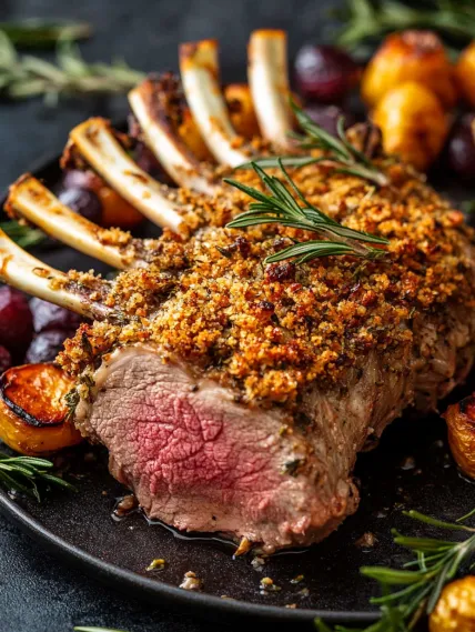 A roast with meat and vegetables on a plate.