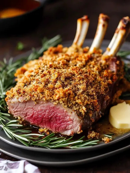 A plate of meat with a sprig of rosemary on top.