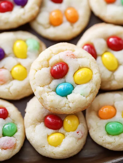 A close up of a cookie with colorful candies on top.