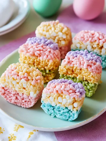 A plate of colorful cereal treats.