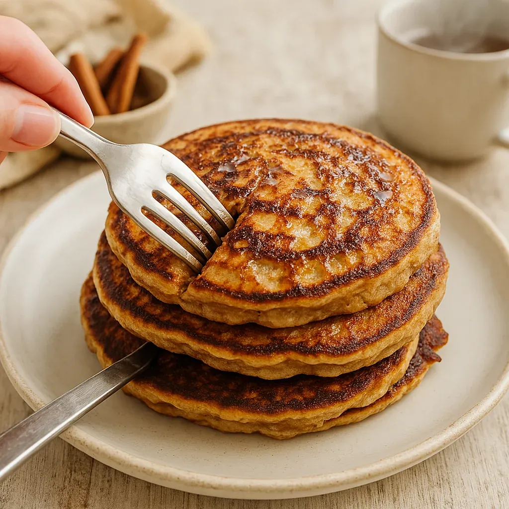A fork is being used to eat a stack of pancakes.
