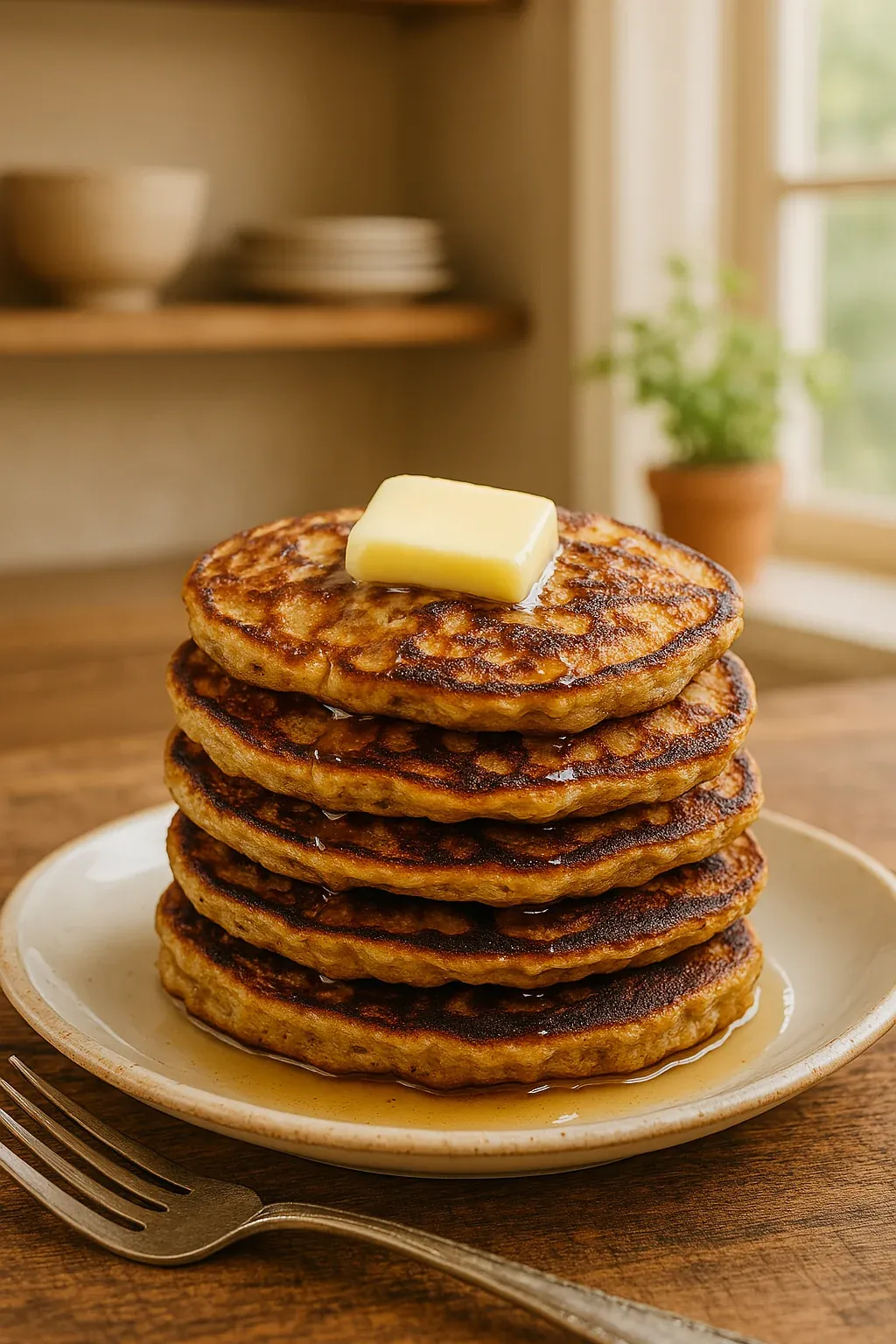 A stack of pancakes with butter on top.