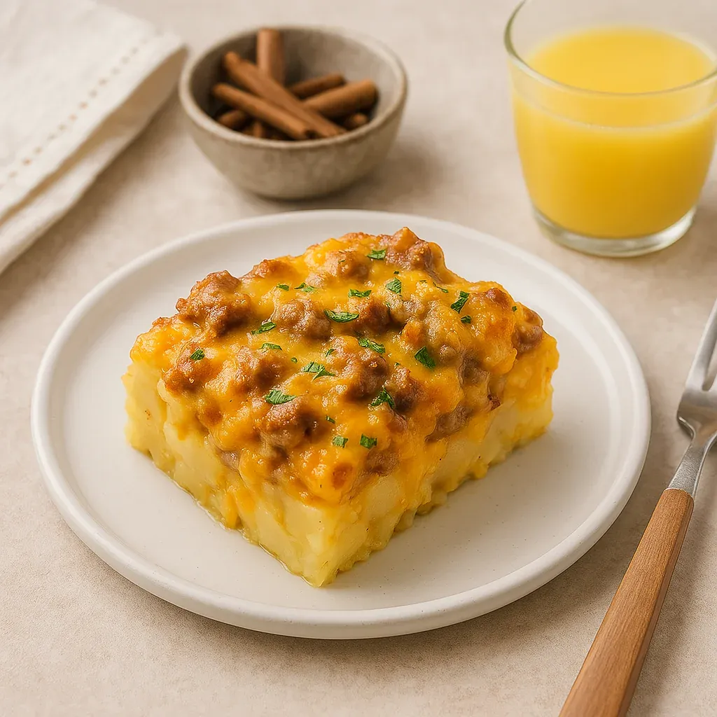 A plate of food with a fork and a glass of orange juice.