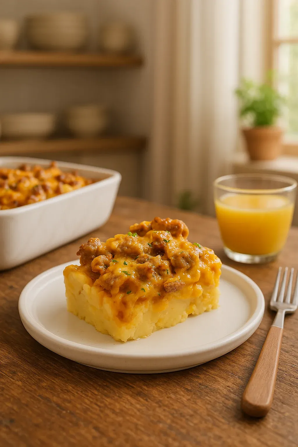 A white plate with a piece of casserole on it.