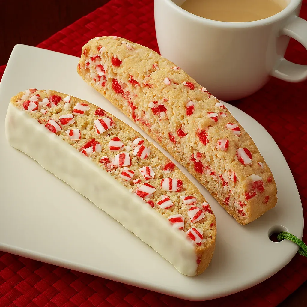 A plate stacked with striped cookies in red and white.