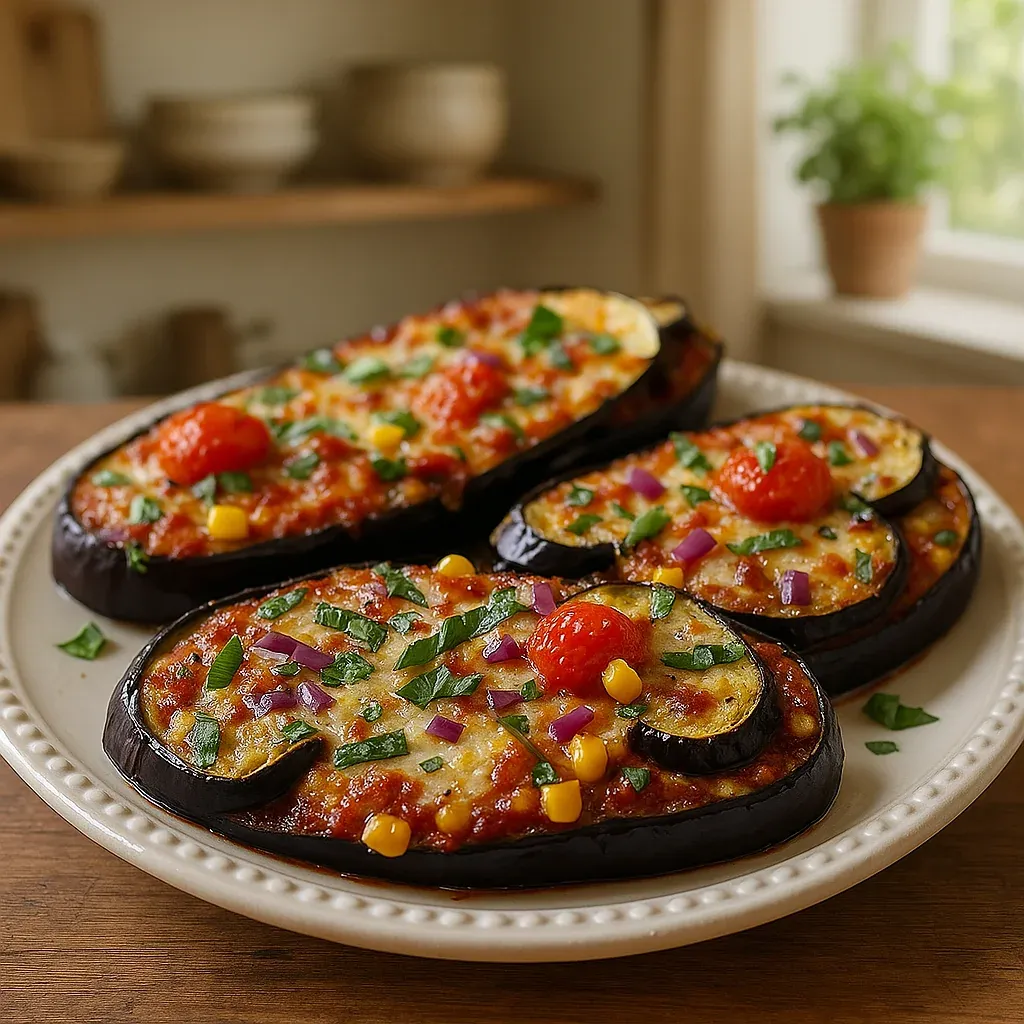 Two slices of zucchini topped with colorful veggies on a plate.