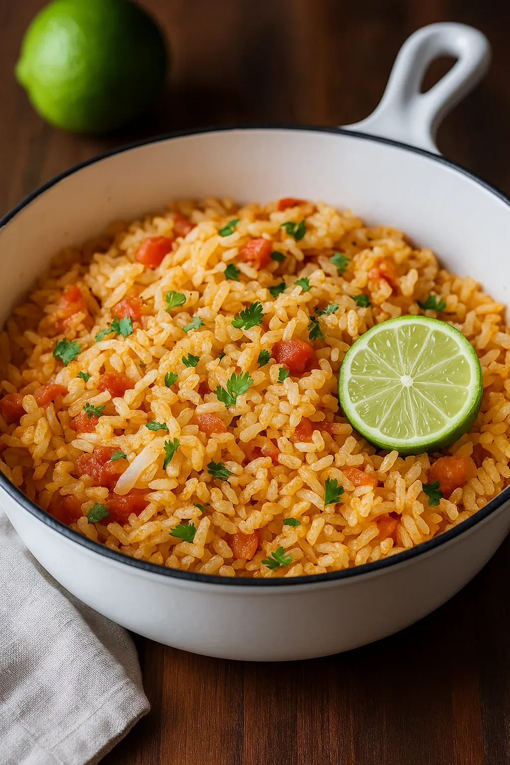A bowl of rice with tomatoes and lime.