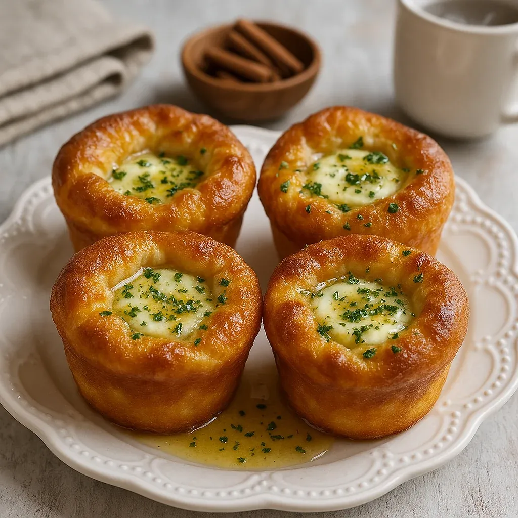 Three muffins with cheese and herbs on a plate.