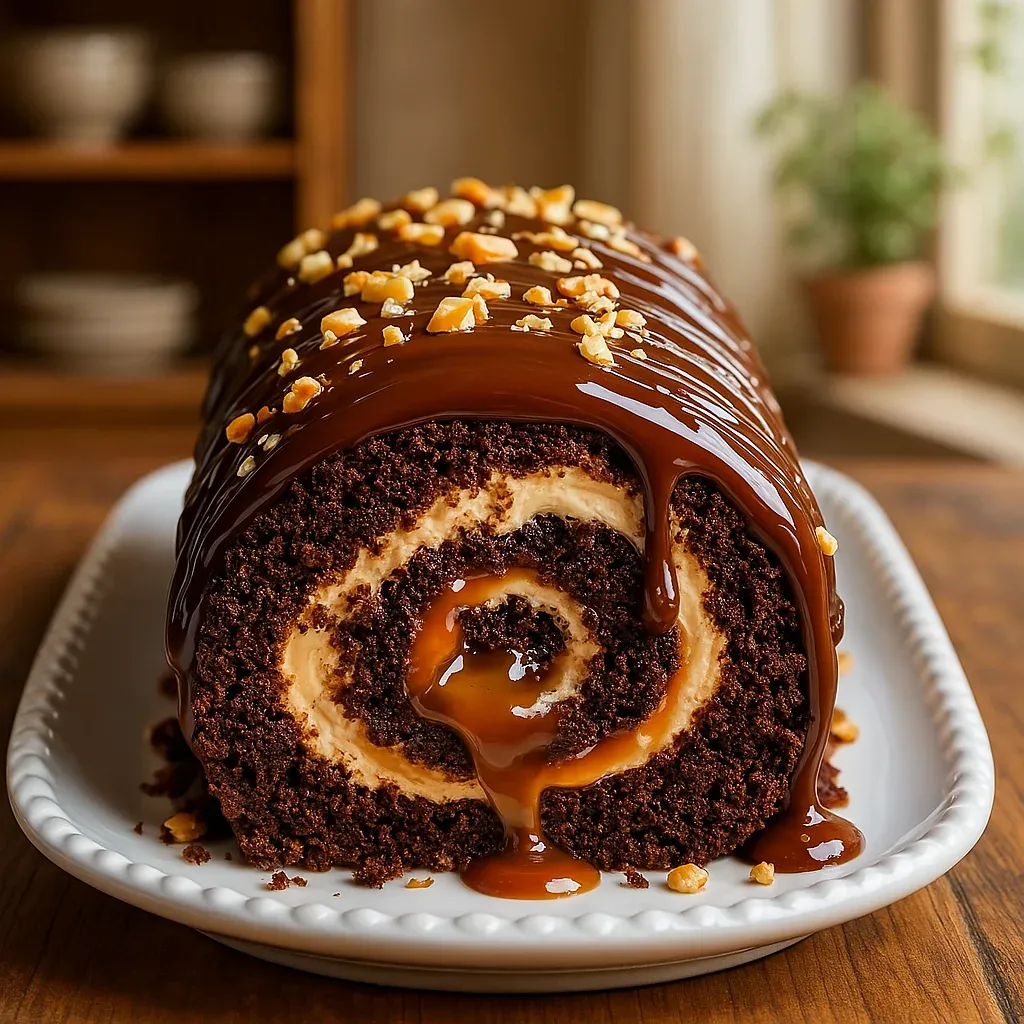 A rich chocolate cake drizzled with caramel.