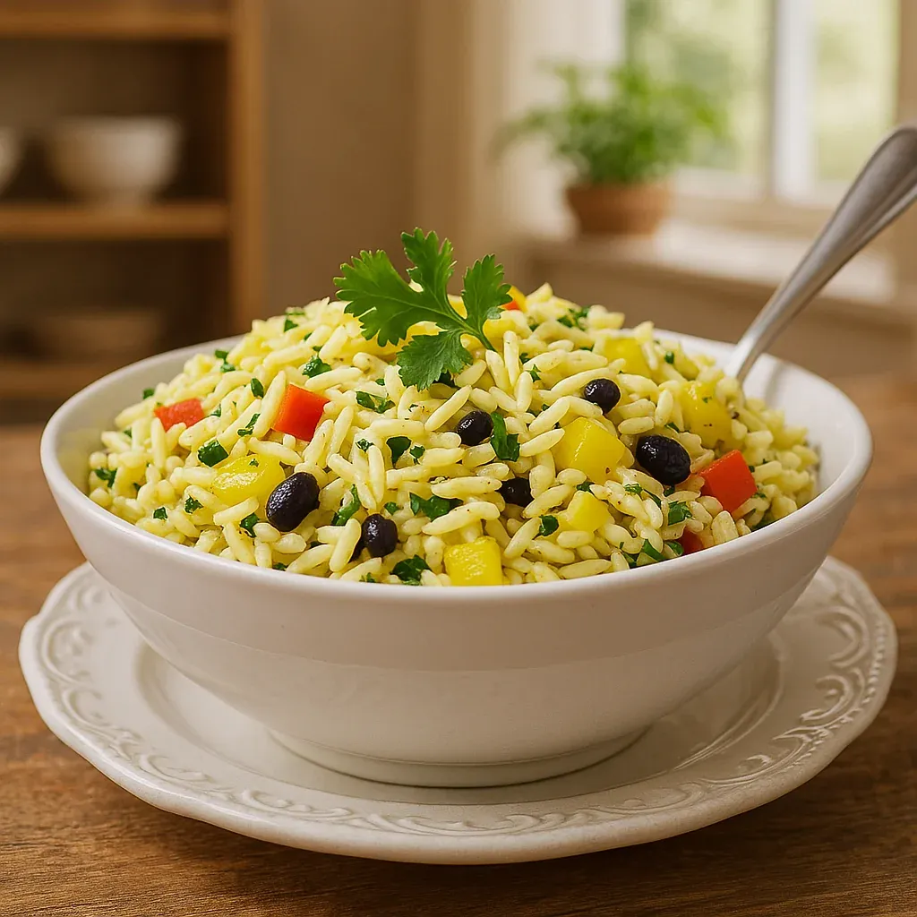 A serving bowl with cilantro-seasoned pasta and vegetables.