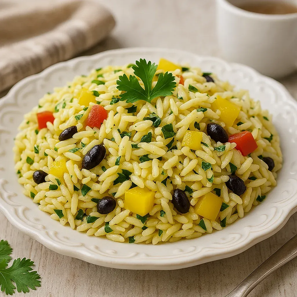 A plate of rice with vegetables and herbs.