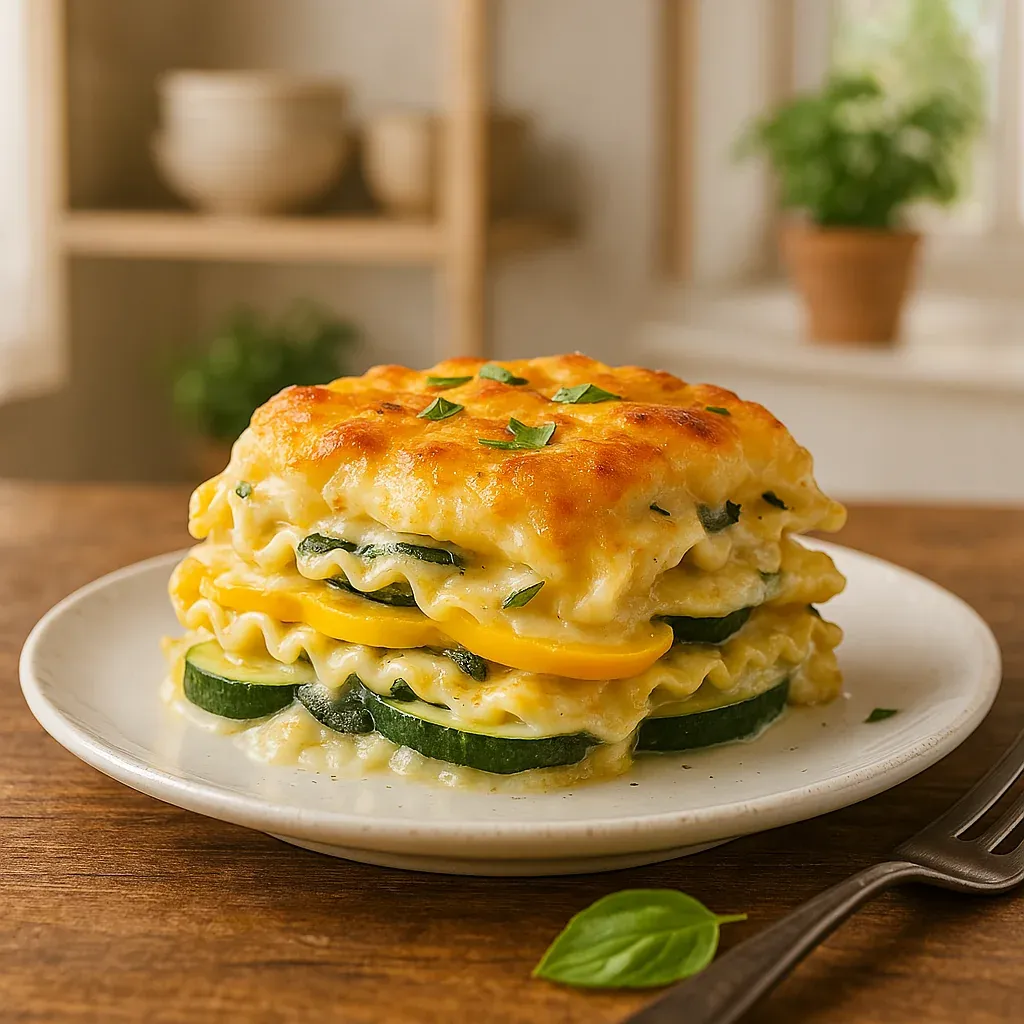 A cheesy stack with zucchini slices.