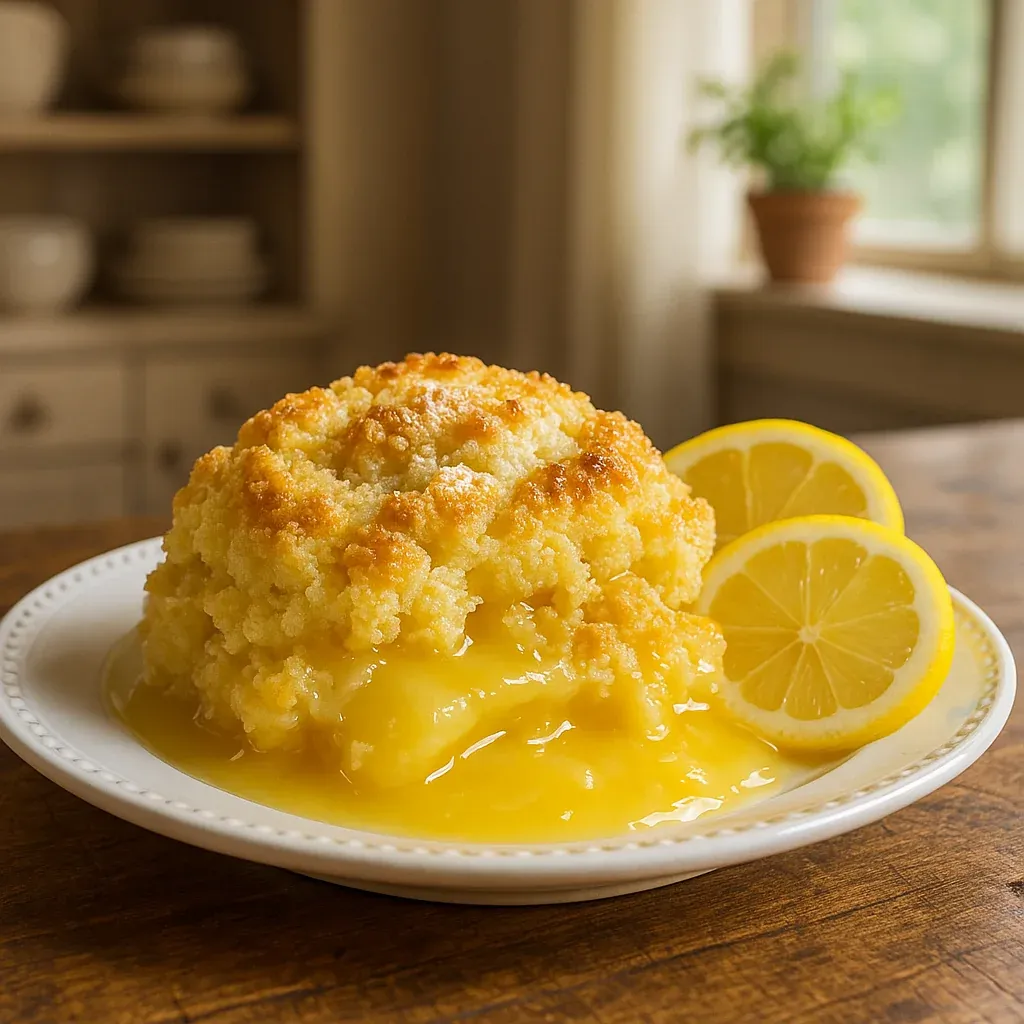 A serving of lemon cobbler on a plate with a lemon slice.