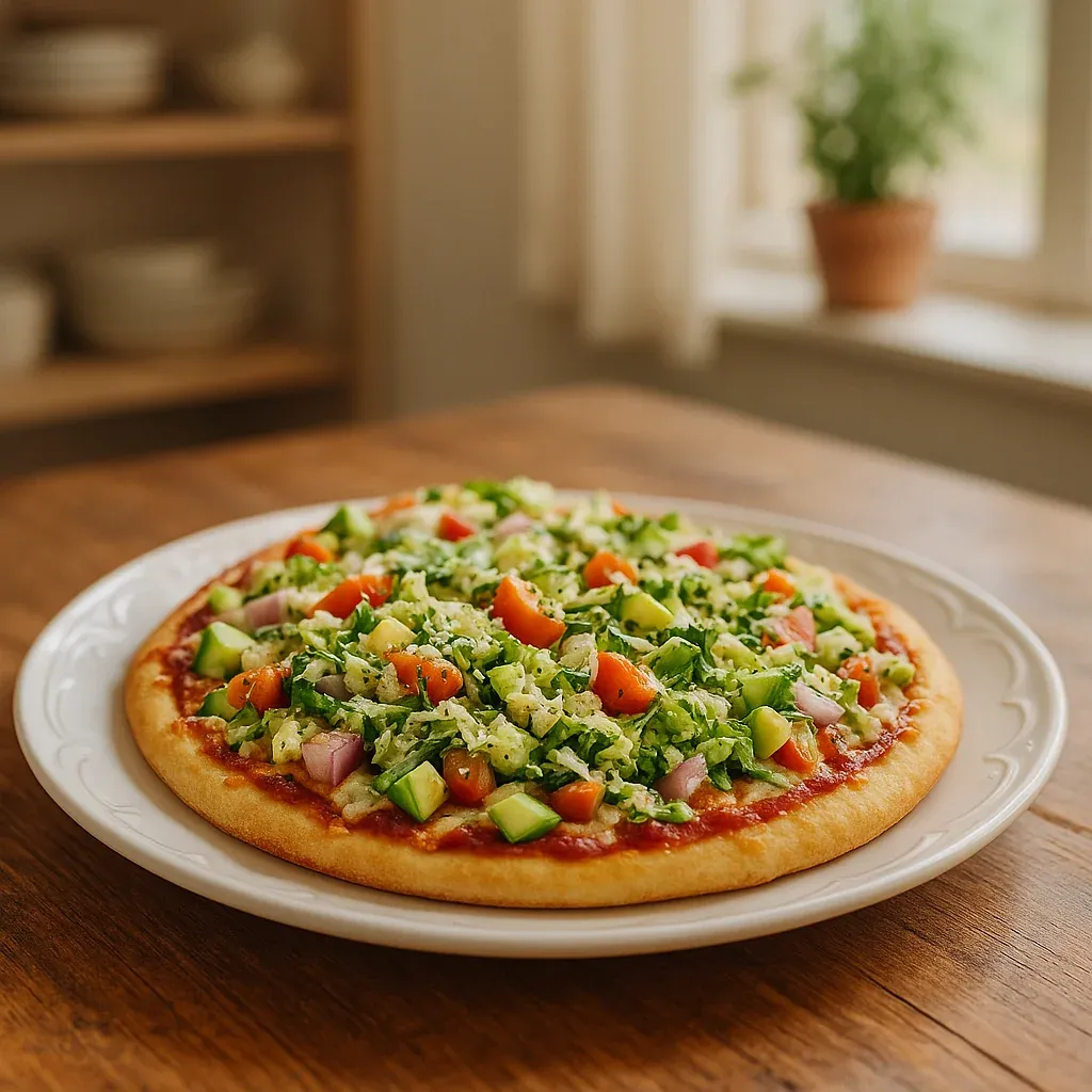 A crispy pizza topped with fresh veggies served on a white plate.